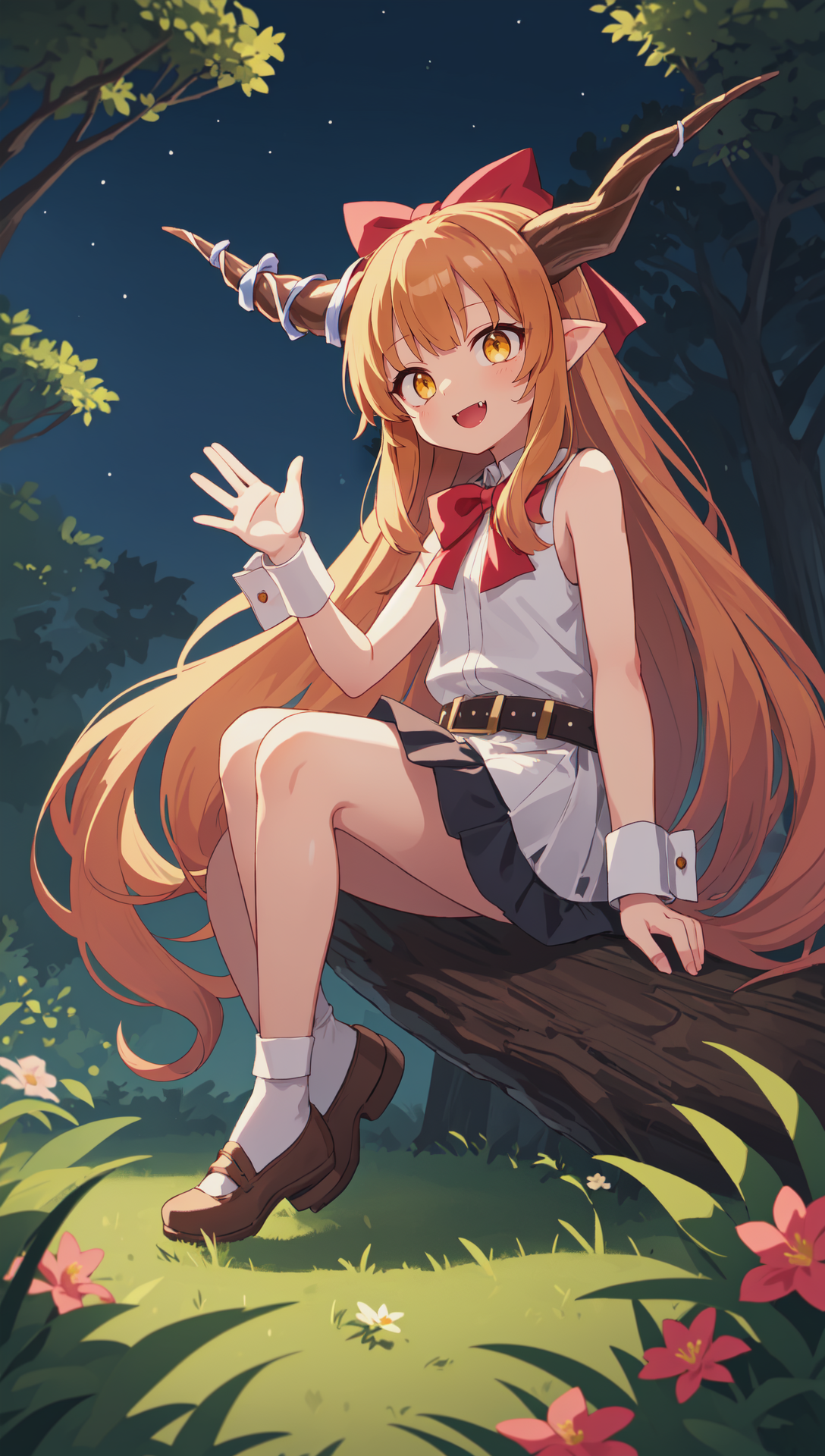 111791-2726898487-ibuki suika, waving, belt, horns, wrist cuffs, white shirt, horn ornament, horn ribbon, fang, hair bow, bangs, red bow, very lon.png